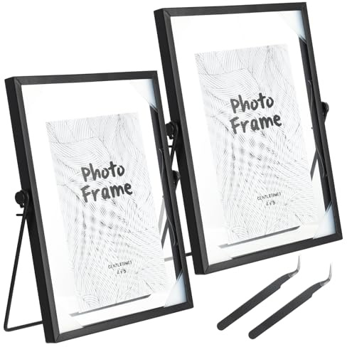 2 Stück A5 Bilderrahmen Glas Schwarz 15x21cm Glasrahmen für Zuhause Büro | Doppelseitiger Glasbilderrahmen Metall Stehend mit Pinzette für Gepresste Blumen Pflanzenprobe Artwork Bild Display Halter