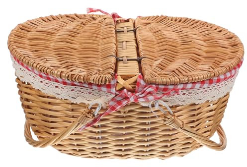 FONDOTIN Cesta De Picnic De Mimbre Tejida Canasta Rústica con Tapa y Asas para Almacenamiento Bodas y Excursiones