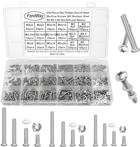 FandWay Juego de 900 tornillos M2 M2.5 M3, tornillos de cabeza alomada, tornillos de cabeza Phillips, tornillos de rosca de acero inoxidable 304 de cabeza redonda, tuercas y arandelas.