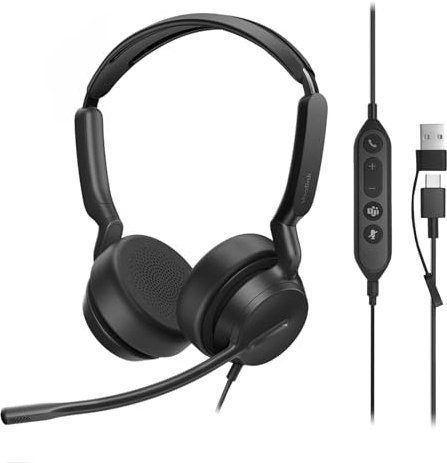 Yealink UH42 USB dubbelt headset med brusreducerande mikrofon kabelbundet stereoheadset med USB-C/A-adapter för PC laptop arbete kontor call center team certifierad