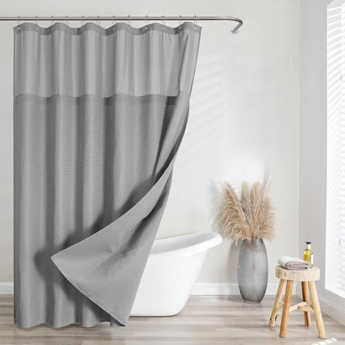 FY&XZH Waffelgewebe Duschvorhang mit Haken, Schwerer, wasserdichter Stoff, Duschvorhang mit TPU-beschichteter Rückseite, Hotel-Stil mit Netzfenster, 12 rostbeständige Haken (Grau, 183 X 183 cm)