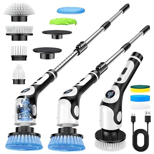 Brosse à récurer électrique – Brosse à récurer électrique avec 9 têtes de brosse remplaçables, brosse de nettoyage rotative sans fil 11 en 1, moteur Pwerful 2 vitesses avec poignée pour cuisine, salle