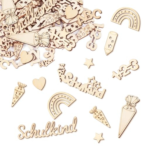 Schulkind Konfetti Holz, 60 Stück Streudeko Einschulung Tischdeko, Einschulung Deko Holz Junge & Mädchen, ABC 123 Zuckertüte Schultüte Confetti Tischdekoration für Deko Schulanfang