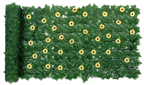 Künstlicher Efeu- – künstliche Hecke | 1 x erweiterbarer Sichtschutzzaun für den Außenbereich – Grünpflanzen-Ranken-Grasplatten mit 96 Sonnenblumen, Gartendekoration für Wand, Wohnung,