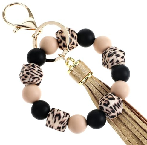 Mabor Schlüsselanhänger Damen, Silikon Schlüsselanhänger Armband Handgelen Autoschlüsselanhänger Elastisches Schlüsselarmband PU Quaste Schlüsselanhängers Perlen Taschenanhänger, Leopard
