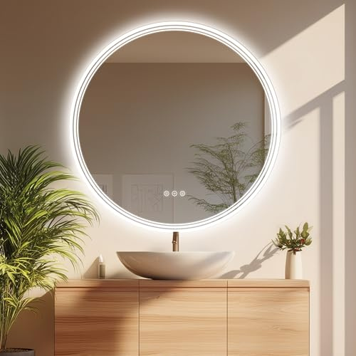 36''x36'' Lighted Mirrors for Bathroom Wall Backlit, Round LED Bathroom Mirror Frameless with Lights Anti Fog, Dimmable, 3 Colors,Tempered Glass, Shatter-Proof