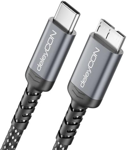 deleyCON 2m Câble USB 3.0 Micro-B 5 Gbps - USB-C vers Micro-B - Câble Nylon de Données pour Boîtiers/Disques Durs Externes HDD/SSD - pour Toshiba, WD, Seagate, Samsung, etc.