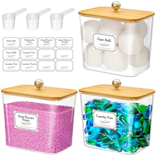 Lifewit 2700 ml Contenedor Detergente Polvo Con Tapa de Bambú, Lavanderia Organizador, Pastillas Lavadora Caja de Almacenamiento de Plástico, Contenedores para Baño, Tarros, Natural, Juego de 3