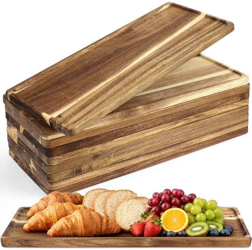 10 Pack Rectangular Wood Serving Trays, Acacia Wooden Server Platter, Charcuterie Boards with Grooved Handle for Home Room Coffee Cheese Appetizer Table Farmhouse Serving Decor