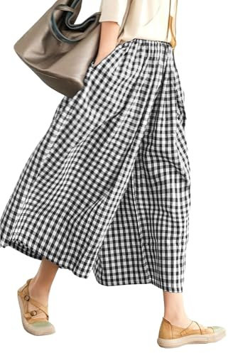 Rapbin Womens Capri Trousers Wide Leg Cotton Striped Elastic Waist Pants | Summer 2026 Casual Gingham Pants with Pockets Relaxed Loose Fit Casual Cropped Pants