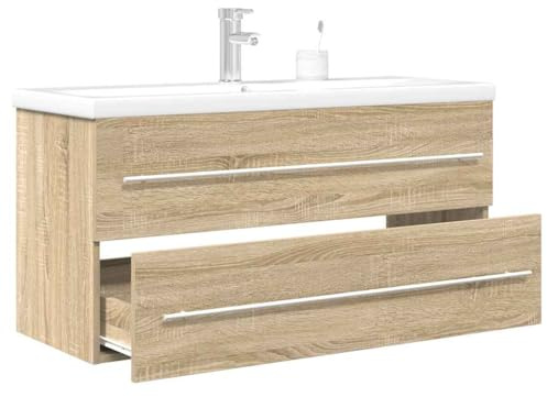 Owoxanthellate Badmöbel Set 100x38,5x48 cm Sonoma Eiche mit Aufsatzwaschbecken aus Keramik Modernes 2-TLG Design Langlebiger Holzwerkstoff für kleine Bäder