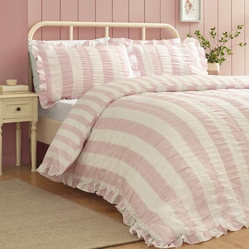 Catherine Lansfield Seersucker Frill Stripe King Duvet Set Pink