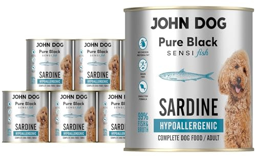 John Dog Hundenassfutter Sardine - monoprotein Hundefutter - getreidefreies und hypoallergenes Nassfutter für empfindliche Hunde - Pur Black Sensi Fish - 6 x 800g