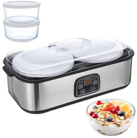 Yogurtera automática de 2 litros, temperatura ajustable y temporizador, yogurtera eléctrica con indicador LED y 2 vasos, para preparación de yogur orgánico, productos lácteos, queso, natto