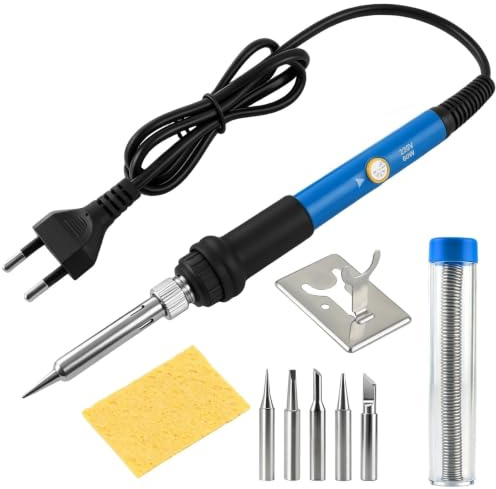 9 Pièces 60W Fer a Souder Kit Réglage de Température 6 Niveaux 200-450°C | Soldering Iron Kit 5 Pointes Soudure + Support + Étain + Éponge,Mini Fer à Souder Précision pour Réparation Électronique DIY