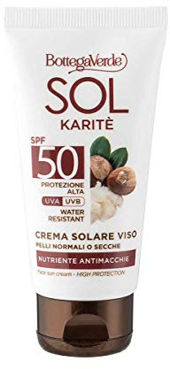 Bottega Verde - SOL Karitè, Crema Solare Viso, 50ml, SPF 50, Arricchita con Burro di Karitè, Nutriente e Antimacchie, Senza Profumo, Senza Siliconi, Specifica per Pelli Normali o Secche, Fototipo 1,2