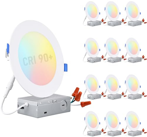 TORCHSTAR Basic Series 12-Pack 5CCT 6 Inch Ultra-Thin LED Recessed Lighting with J Box, CRI90, Aluminum, 2700K3000K3500K4000K5000K, 5%-100% Dimmable Slim Recessed Downlight, 12W 1100LM, ETL&FCC&ES