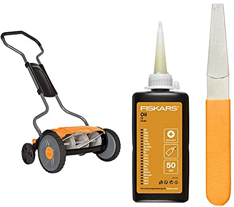 Fiskars Spindelmäher, Rasenmäher mit berührungslosem Schneidesystem, Schnittbreite: 43 cm, Schwarz/Orange/Silber & Pflegeset für Gartenschneidgeräte, Mit Diamantfeile, Öl und Pflegeanleitung