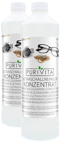 PURIVITA® Detergente per Pulizia Ultrasuoni [2x1L] - Concentrato Pulitore Ultrasuoni per Occhiali, Gioielli & Protesi Dentali - Pulitrice Ultrasuoni - Ultrasonic Cleaner - Dispositivi ad Ultrasuoni