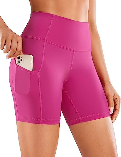 CRZ YOGA Dam naken känsla lätta cykelshorts 15 cm – hög midja gym löpning träning spandex magkontroll shorts fickor, Hibiskus lila, 40