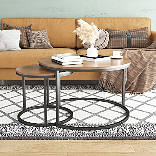 Duffy Round Wooden Coffee Table Set Of 2,Nesting Table For Living Room,Bedroom,Reception,Office Room,Balcony Yard, Metal Frame,Black+Rustic Brown