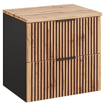 Lomadox Waschtischunterschrank 60 cm Unterschrank mit Waschtischplatte für Aufsatzwaschbecken anthrazit mit Eiche Nb. schwarz gerillt 60,6x59,2x46,5 cm (BxHxT)