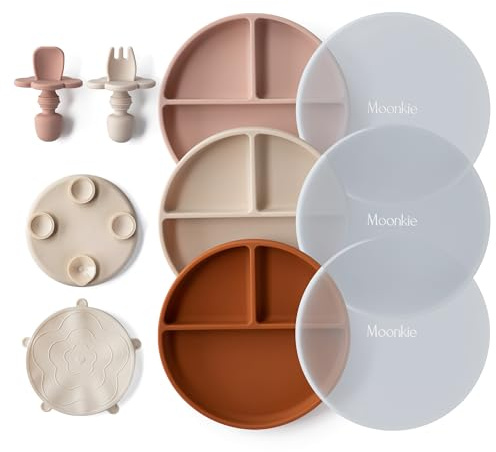 Moonkie Babytallrikar med Sug | Silikon Barnservis Set med Sked, Gaffel | Avvänjningsplattor för Baby, Barn | BPA-fri | för Diskmaskin, Mikrovågsugn | 3-Pack(Hudfärger/Blush/Jordgul)