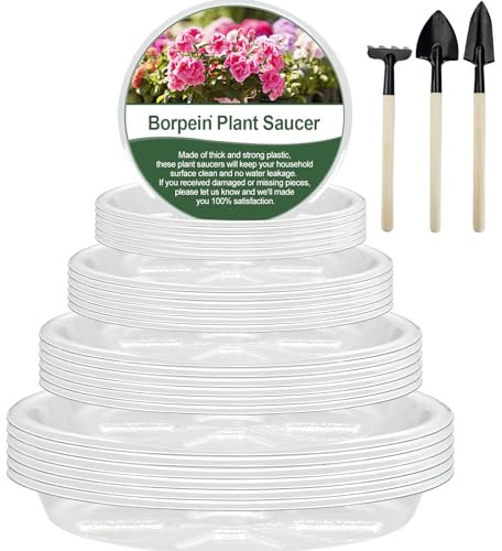 BORPEIN Plant Saucers (12, 17, 21, 26 cm, 24 Pack) Flower Pots Coasters Thick Clear Plastic Plant Bowls for Pots Indoors Outdoor Durable