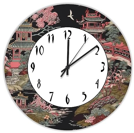 LUIJORGY Funny Decorative Wooden Wall Clock 15 Inch,Chinoiserie Charcoal Coral Pagoda Asian Pavilion Silent Non-Ticking Battery Operated Wood Hanging Clock for Home Decor Wall Art Housewarming Gifts