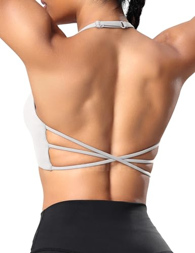 YEOREO Sport BH Damen Gepolstert Cross Back Spaghettiträger Rücken Verkreuzt Push Up BHS Gym Tops Sports Bra Weiß M