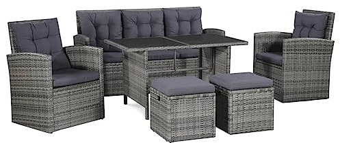 Gaseeto Polyrattan Gartenmöbel Sitzgruppe Garten Set 6 teilig Lounge Möbel Outdoor Grau Terassenmöbel Außen Gartenlounge Outdoor Garten Loungemöbel Set mit 3-Sitzer-Sofa,2 Sessel,Tisch,2 Fußbank