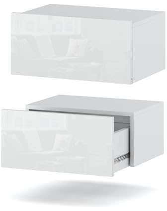 MRBLS Nachttisch Wandmontage 2er Set - Nachttischschrank Hängend - Modernes Design Wandschublade - Nachttisch Wand – Loft Nachtschrank - Wandregal Mit Schublade (Weiß Glanz) – 45 x 19 x 32 cm (B/H/T)