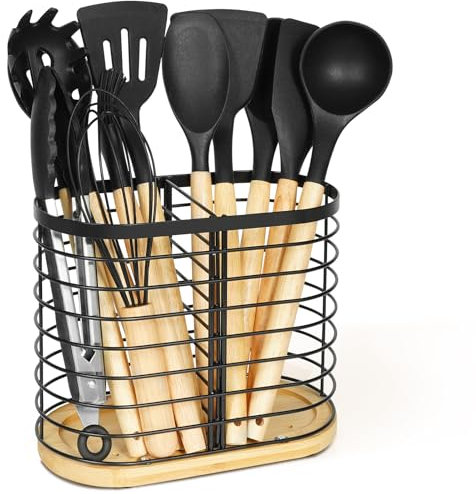 buysigo Kitchen Utensil Holder,Kitchen Countertop Utensil Organizer，Black Stainless Steel Utensil Crock with Bamboo Base For Farmhouse Cooking Utensil Holder Spatula Holder Utensil Organizer