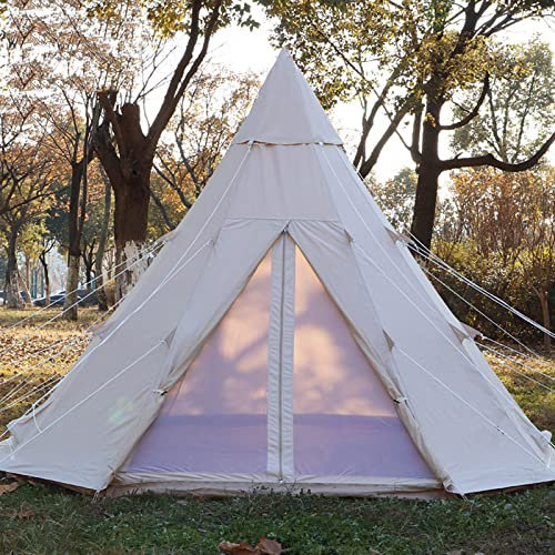 CRBUDY Outdoor-Campingzelt, Baumwollhüttenzelt, Familien-Campingzelt, Camp-Hotelzelt, Pyramidenzelt, großes Tipi-Pagodenzelt für Erwachsene (Khaki, 4 m), doppelter Komfort (Off-White)