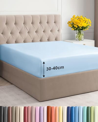 Lenzuolo con angoli 180x200cm - Extra profondo per materassi fino a 40cm (16) di altezza - Morbida microfibra spazzolata - Antipiega, resistente al restringimento e colori - OEKO-TEX - Azzurro chiaro