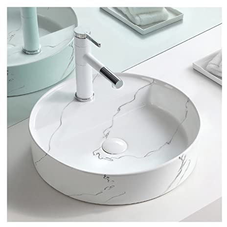 Tu Ye Vasque à Poser, Évier de Cuisine en céramique avec vidage sur comptoir, Petit évier Moderne, Motif Artistique en marbre Blanc, Vasque de Salle de Bain avec vidage escamotable, évier de Ferme(B)