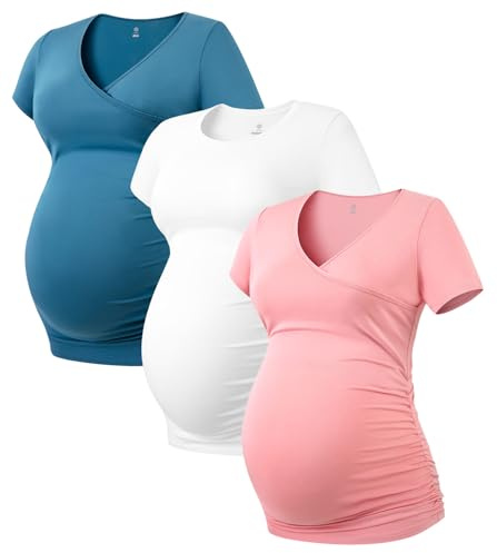 LAPASA Women's Maternity Tops, Soft Modal Cotton Pregnancy Tshirts, Side Ruched Crew Neck Short Sleeve Tees L55, Multicolor 8, S