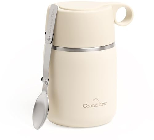 GRANDTIES Insulated Food Jar, 20 oz Wide Mouth Thermo BPA Free Stainless Steel Container for Hot Food with Carry Handle Bowl Cap & Foldable Spoon, Leakproof for Lunch To Go Meals (Ivory White)