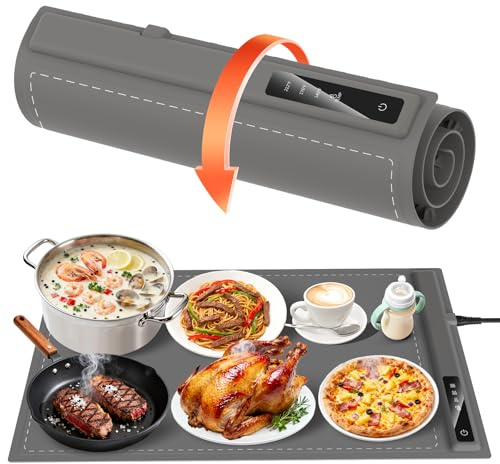 Food Warming Mat - Fast & Full Surface Heating, Silicone Heat Pad with 3 Adjustable Temperature for Buffets Parties, Rollable Electric Warming Tray,Kitchen Heated Plate,Countertop Food Warmer (Gray)