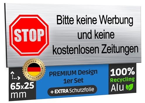 SCHILDERBOXX STOP Bitte keine Werbung Aufkleber 65x25mm, 100% Alu | Extra-starkes Klebeband - Briefkasten Schild Kostenlose Zeitungen Verboten