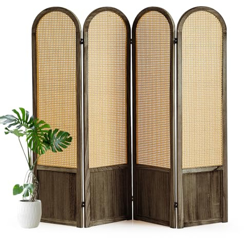 4 Panel Room Divider and Folding Privacy Screen, 5.6 Ft Foldable Double Hinged Rattan Partition, Hand-Woven Rattan Room Divider Portable Wood Freestanding Wall Divider for Room Separation - Brown