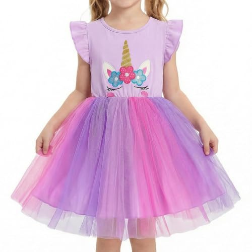 DivingBirds Abiti per ragazze con unicorno, abito in tulle con ruches per bambini, tutù per bambine, vestiti estivi per bambine, per feste, regali, 3-8 anni, Viola, 5-6 Anni
