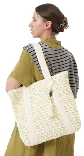 HZHYMBD Strohtaschen Damen Sommergewebeweber Tasche Strandbeutel Mit Quasten Mit Großer Strohhalmtasche-weiß-reißverschluss
