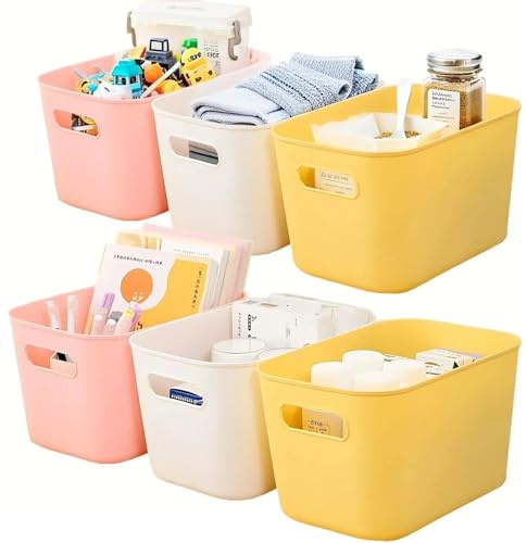 Mofeisor 6L Durable Plastic Storage Boxes, Small Multi-Purpose Cupboard Organizer Boxes for Kitchen, Office & Bathroom, 25.5x16.5x15 cm, Mixed Colours (White, Yellow, Pink)