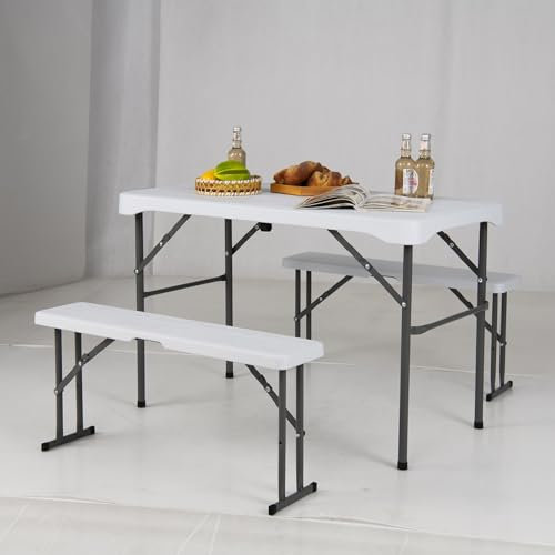 COSTWAY Bierzeltgarnitur klappbar, 3-teilige Biertischgarnitur, 2 x Bierbänke & 1 x Biertisch, kleine Bierbankgarnitur, 108cm Festzeltgarnitur, Gartenmöbel Set für Festzelt, Camping, Garten