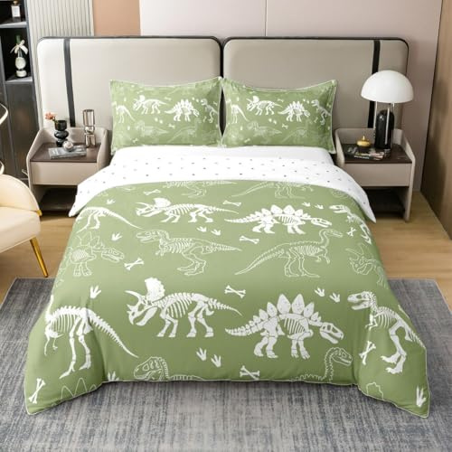 meiyoeat Dinosaur Bones 100% Cotton Duvet Cover Twin Size Kids Jungle Dino Fossils Comforter Cover for Boys Girls Teens Wild Animals Bedding Set Breathable Green White Bedroom Decor Bedclothes