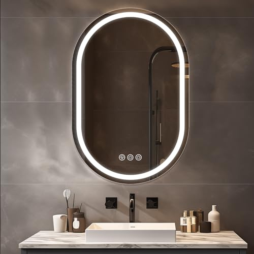 Ratsamee Ovaler Badspiegel mit Beleuchtung LED, 60x90cm Spiegel mit Light, Wandspiegel Oval mit Frontbeleuchtung, Antibeschlagfunktion, Dimmbar, mit 3 Einstellbaren Lichtfarben