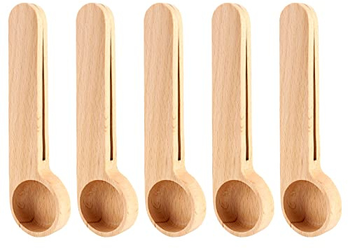 Plomevry 5 Pcs Wooden Coffee Scoop and Bag Clip Measure Spoon 2-In-1 Bags Sealer Measuring Spoon for Beans,Espresso Coffee,Tea