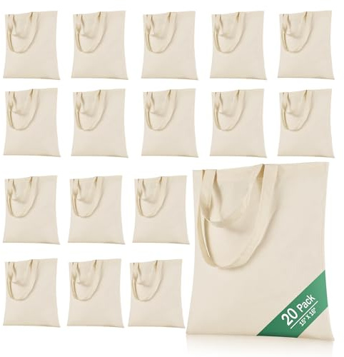 OKBA 20 Pack 15'' X 16'' Cotton Tote Bags for Painting,Lightweight Thin Tote Bags Bulk Reusable Grocery Shopping Cloth Bags，Suitable for Crafts, DIY, Tie Dye，Gift, Activity