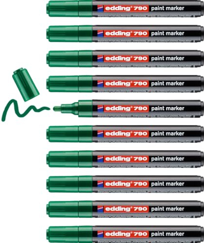edding 790 Lackmarker – grün – 10 Stifte – Rundspitze 2-3 mm – Lackmarker zum Markieren und Beschriften von Metall, Glas, Stein oder Kunststoff – hochdeckend, permanent, wischfest
